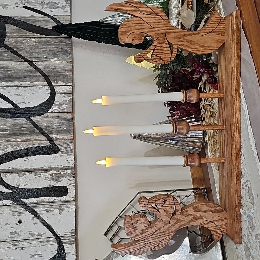 Handmade Vintage 90s Cottagecore Christmas Oak Wooden Angel Candleholder EUC